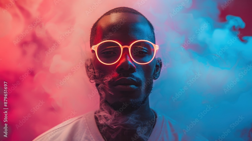 Poster a man posed against a backdrop of colorful smoke, standing in a vivid light setting. the red and blu
