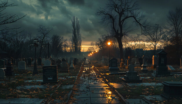 Recreation of a lugubrious cemetery at wet sunset