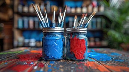 Two jars filled with assorted paint brushes sit on a paint-splattered table in a vibrant, creative studio setting. The jars contain blue and red paint, reflecting the artist's tools.