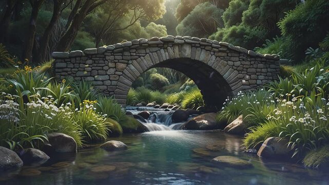 The video is of a small stone bridge over a river in a forest. The bridge has plants growing on it and the river is flowing over rocks.
