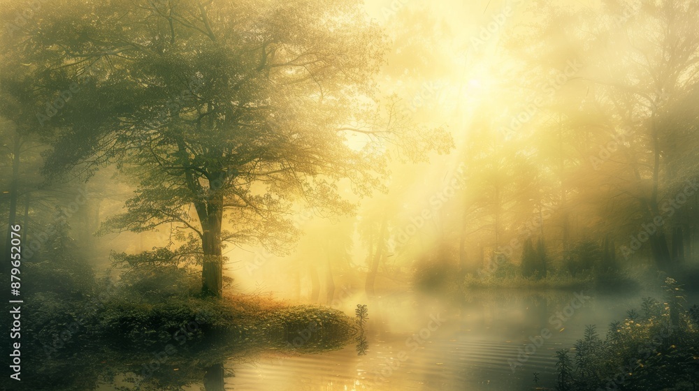 Aufkleber sunrise in a misty woodland, soft light and fog creating a dreamy effect, quiet and calm