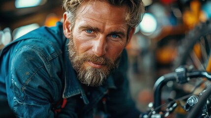 A dedicated man with a beard and intense expression repairs a bicycle in a workshop filled with tools and parts, representing expertise and a love for mechanical work.