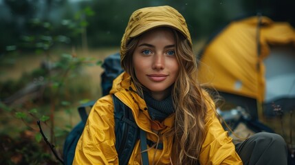 A young woman wearing a yellow jacket and hat enjoys her time camping in nature. She sits in front of her tent, surrounded by a green landscape, capturing adventure and serenity.