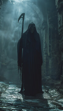 Tenebrist recreation of Grim Reaper with a big scythe and robe and mummified face