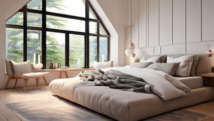 Fototapeta premium Modern Minimalist Bedroom Interior with Large Window and Comfortable Bed