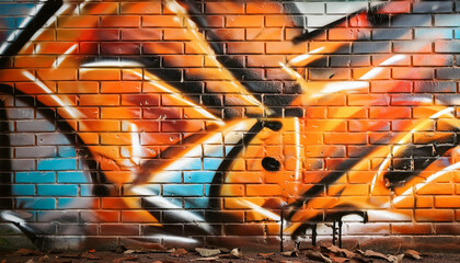 Dynamic spray paint patterns on brick wall. Street art. Graffiti style. Painted rough surface.