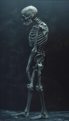 Vertical recreation of a human skeleton walking shoulders bent