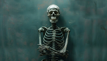 Fototapeta premium Recreation of a human skeleton standing, smiling, and crossed arms