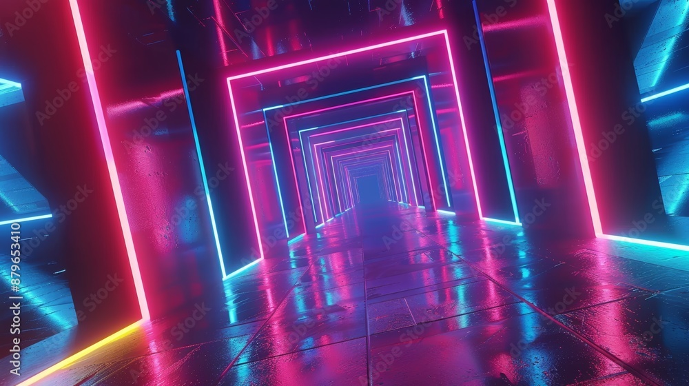 Aufkleber Rotating square frames in a neon tunnel, looped 3D animation, colorful abstract background