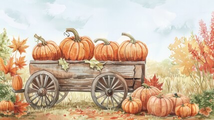 Rustic wagon, loaded with pumpkins, autumn harvest, Watercolor style