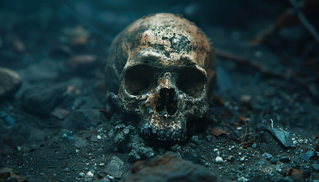 Recreation of half buried skull bone in the ground	