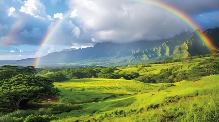 Obraz premium Rainbow Over Lush Valley in Hawaii