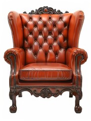 Luxurious red leather armchair with intricate wood carvings