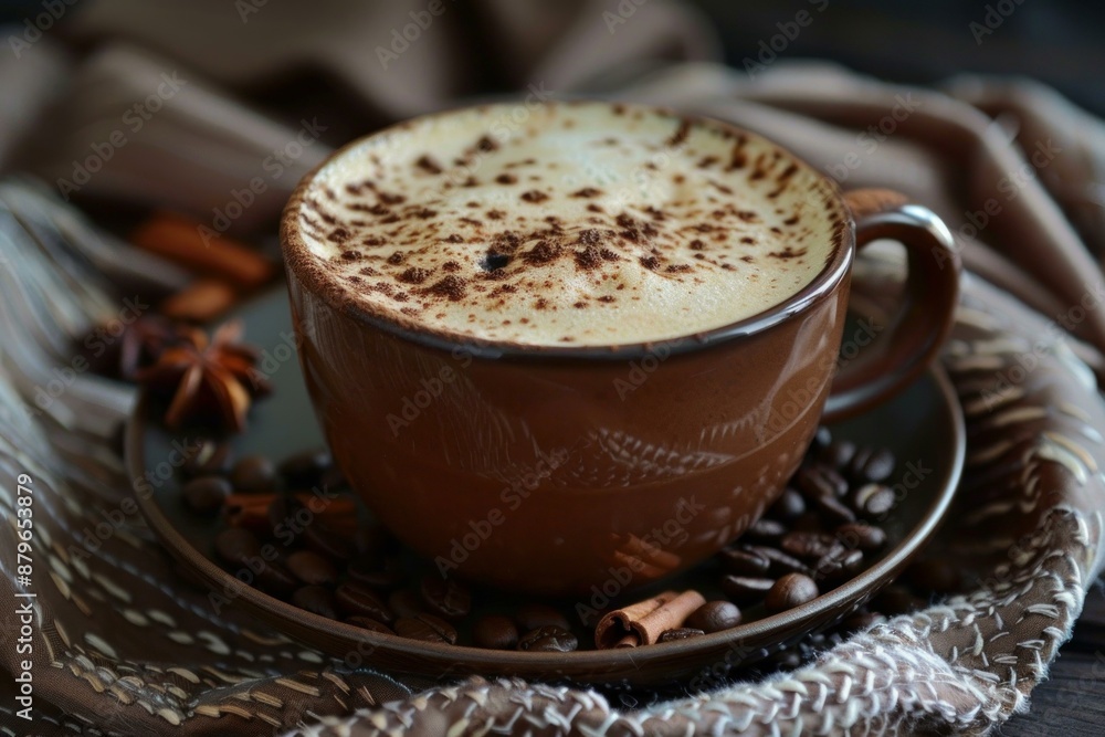 Sticker aromatic coffee drink with cinnamon, coffee beans and star anise on a table