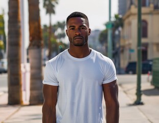 On a bustling Los Angeles street, a confident African American male model showcases a blank white t-shirt in a professional photoshoot.