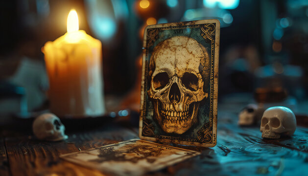 Recreation of a tarot card with a skull as death symbol