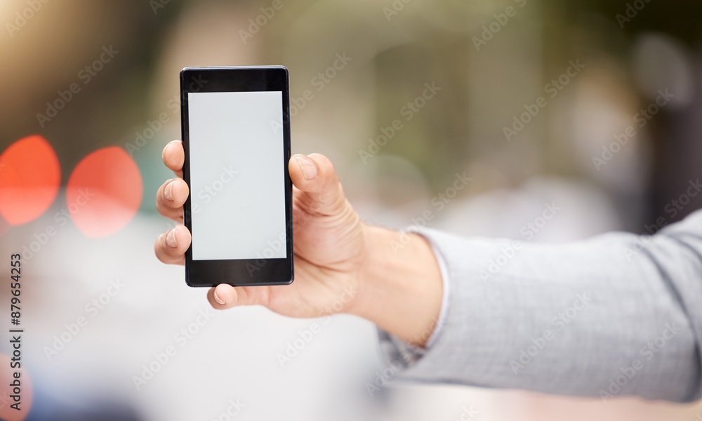 Poster screen, cellphone and hand of person, display and show of mockup, bokeh and businessman with app. on