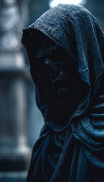 Fictional recreation of death with a black robe and mummified black face