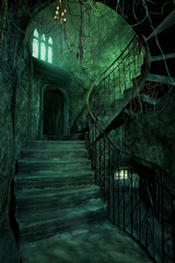 green lights in dark castle, witch room, stone abandoned