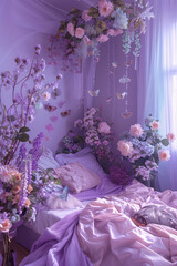 fairy bedroom, fairy magical room, plants, purple and flowers, fairycore