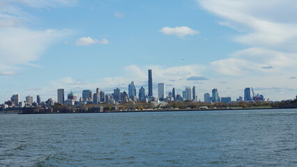 The New York manhattan view from the ferry boat in the sunny day