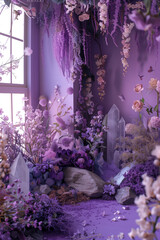 fairy bedroom, fairy magical room, plants, purple and flowers, fairycore