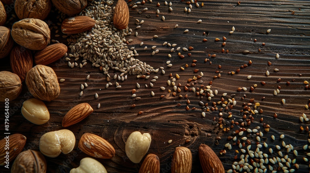 Poster assorted nuts and seeds scattered on a textured wooden table