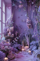 fairy bedroom, fairy magical room, plants, purple and flowers, fairycore