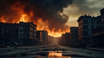 Apocalyptic Cityscape: Downtown Destroyed by War,burnt city skyline, urban warfare devastation, city ruins background, post-war destruction, abandoned urban landscape







