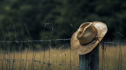 Obraz premium Straw Hat Hanging on a Fence Post