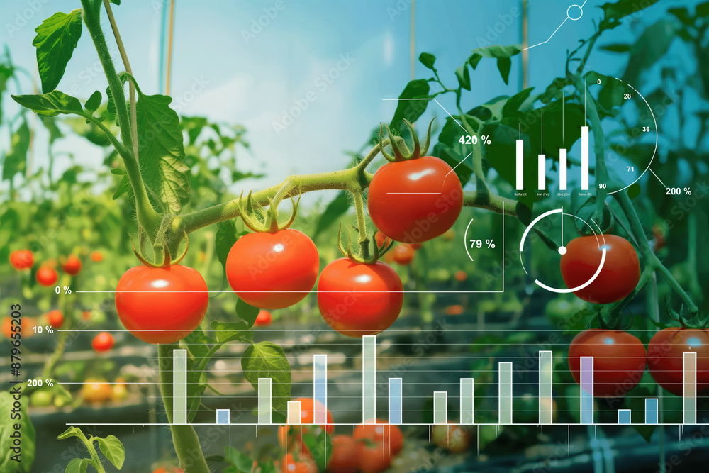 Poster close-up of ripe tomatoes on the vine with digital data overlay for smart agriculture. precision far