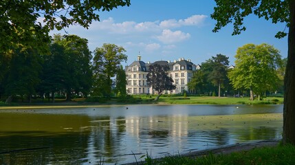 Naklejka premium View of Castle Benrath in Dsseldorf seen from the park : Generative AI
