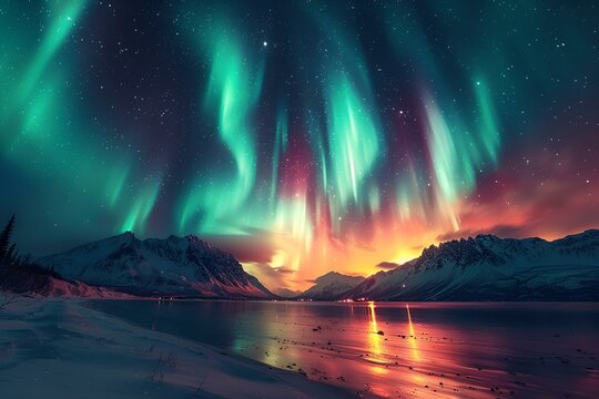  an aurora bore over a lake with mountains in the background.