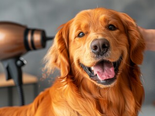 Obraz premium A dog is standing in front of a blow dryer, looking happy. The dog is being groomed and he is enjoying the process