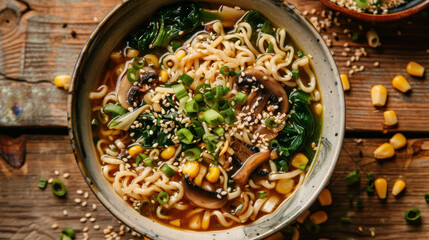 Bowl of vegetarian ramen with mushrooms, spinach, corn, green onions, and sesame seeds on a rustic wooden table