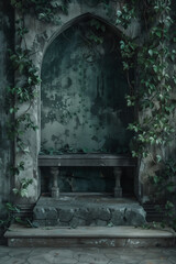abandoned castle with plants, dark place 