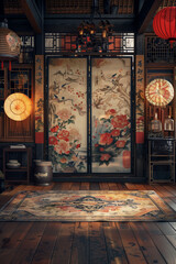 traditiional chinese palace room, lights, plants