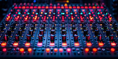 Obraz premium Close-Up of an Illuminated Soundboard with Vibrant Lights