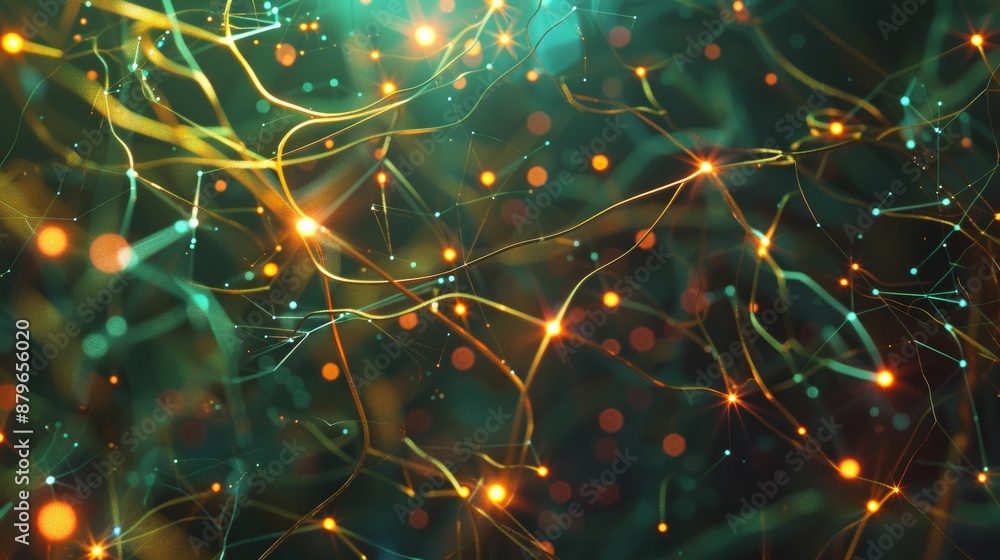 Poster Abstract 3D animation of glowing neural network with vibrant colors, floating nodes and connections