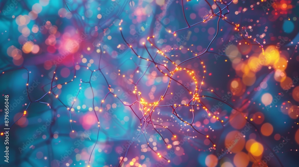 Poster Abstract 3D animation of glowing neural network with vibrant colors, floating nodes and connections