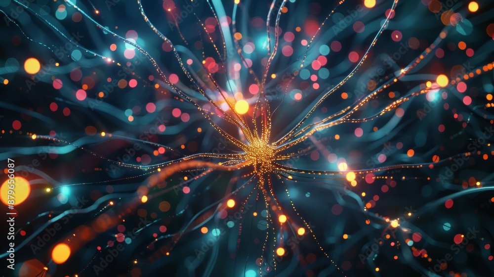 Aufkleber Abstract 3D animation of neural network with colorful lights and digital data