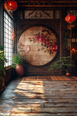 traditiional chinese palace room, lights, plants