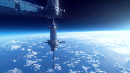 Futuristic space station orbiting Earth, showcasing advanced technology and space exploration