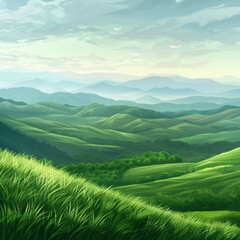 Obraz premium A beautiful mountain landscape with a lush green hillside. The sky is cloudy and the mountains are in the background