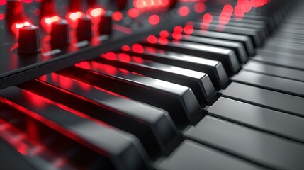 Fototapeta premium Close-up of a piano keyboard with red lights