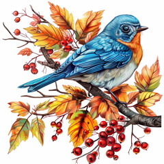 Obraz premium Twigs of autumn leaves with berries on which a blueberry sits. Watercolor style, Bright colors, Nature illustration