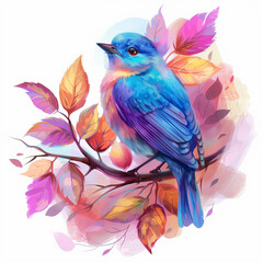 Fototapeta premium Twigs of autumn leaves with berries on which a blueberry sits. Watercolor style, Bright colors, Nature illustration