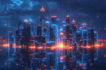 Fototapeta premium Futuristic city, silhouette logo in the wireframe style on a dark blue background