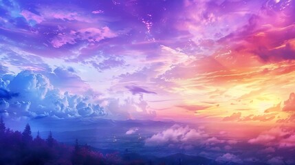 Obraz premium Beautiful Landscape Background Sky Clouds Sunset Oil Painting View Wallpaper Landscape Light Colours Purple Anime style Magic and Colorful : Generative AI