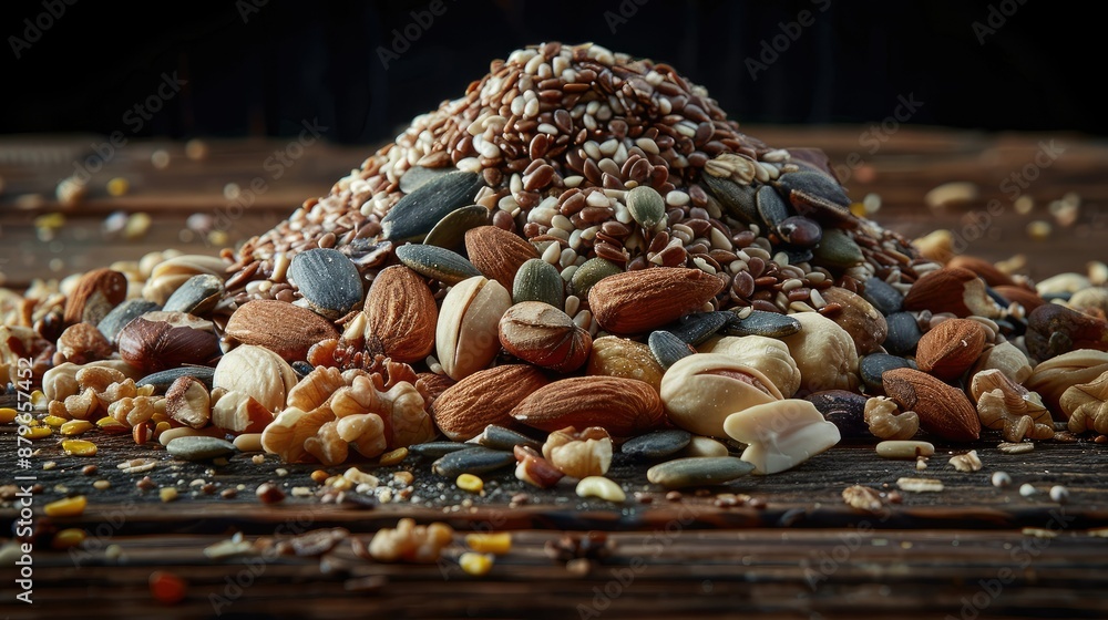 Poster assorted nuts and seeds scattered on a textured wooden table
